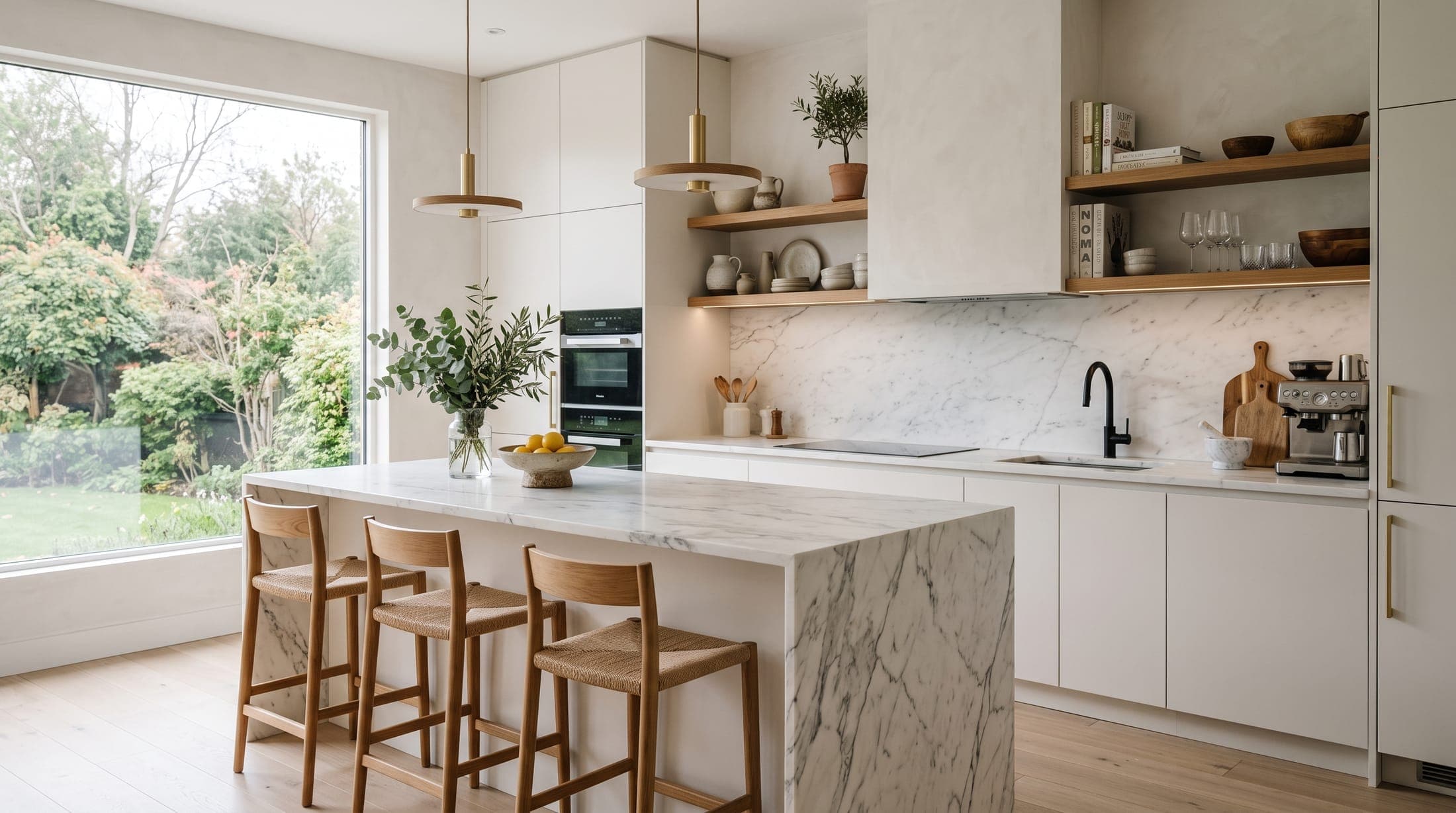 Modern kitchen with a white marble island and marble splashback kept flawless with clear stone protection film